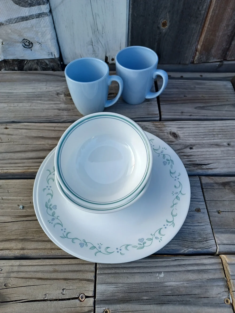 Corelle 2-Place Blue & White Dinnerware with Green Floral Trim